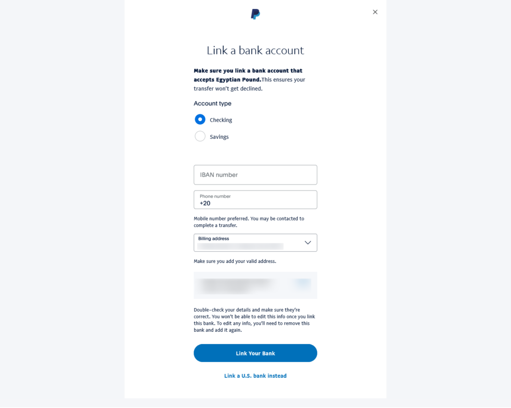 إضافة بيانات ربط حسابك البنكي بحساب PayPal