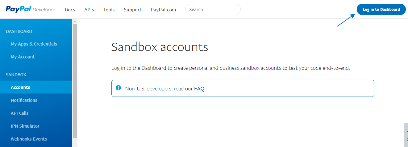 الذهاب إلى حسابات PayPal Sandbox