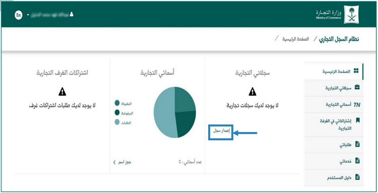 خطوات استخراج سجل تجاري سعودي - إصدار سجل من الصفحة الرئيسية