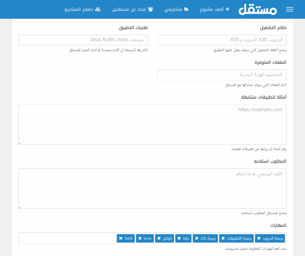 الحقول المخصصة لوصف المشروع من مستقل