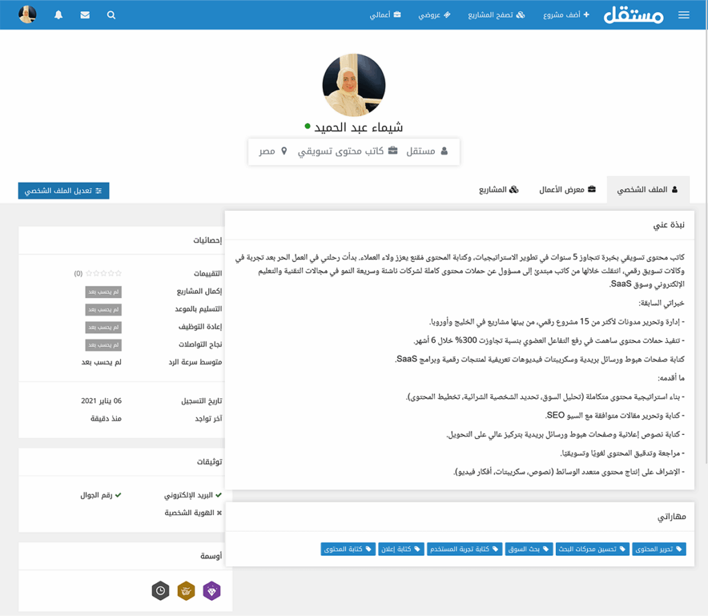 لقطة شاشة للملف الشخصي على مستقل